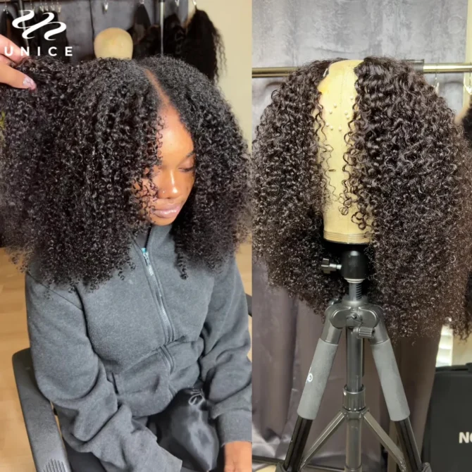 UNICE Hair Kinky Curly V Part Wig 100% Human Hair Upgrade U Part Wig No Leave Out EasiContou V Part Wig With Elastic Drawstring - Image 2