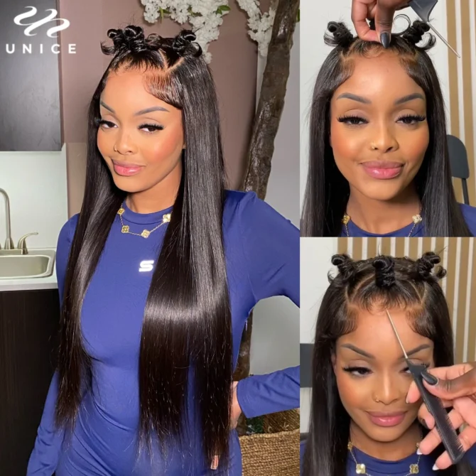 UNice Hair 7x5 13x4 Straight Human Hair Lace Frontal Wig Pre Plucked Pre Cut Pre Bleached Glueless Human Hair Wigs 150% Density - Image 5