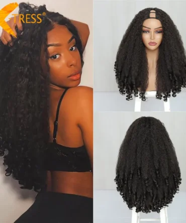X-TRESS Afro Curly V Part Wig with Bouncy Curls Synthetic Kinky Straight Glueless Hair for Women No Leave out Clip in Half Wig