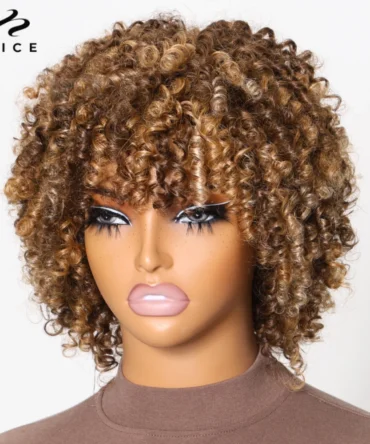 UNICE Blonde Highlight Afro Kinky Curly Wig With Bangs 100% Human Hair Bouncy Curls Short Human Hair Wigs Full Machine Made Wig