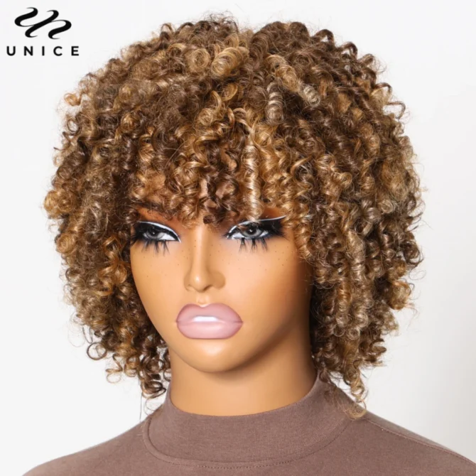 UNICE Blonde Highlight Afro Kinky Curly Wig With Bangs 100% Human Hair Bouncy Curls Short Human Hair Wigs Full Machine Made Wig