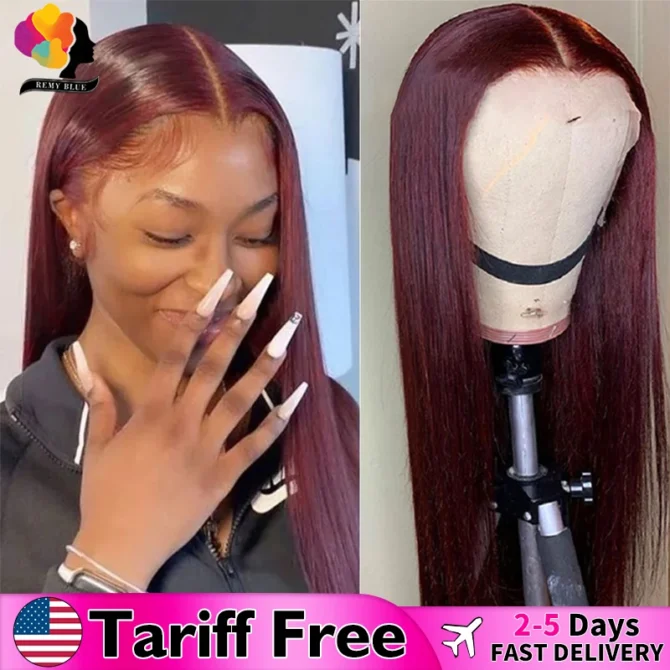 Peruvian Straight Hair 13X6 Lace Frontal Wig Human Hair Wigs 99J Dark Burgundy Pre-Plucked 180% Remy Human Hair Lace Front Wigs