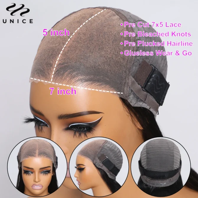 UNice Hair 7x5 13x4 Straight Human Hair Lace Frontal Wig Pre Plucked Pre Cut Pre Bleached Glueless Human Hair Wigs 150% Density - Image 3