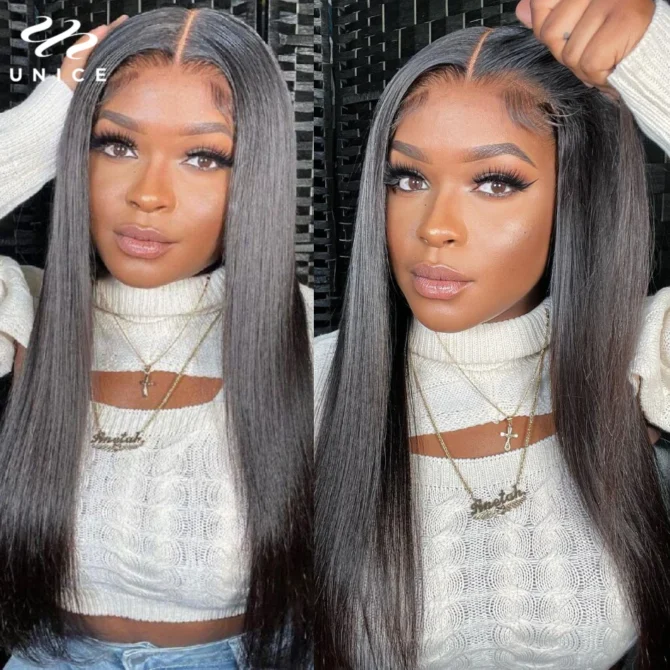 UNice Hair 7x5 13x4 Straight Human Hair Lace Frontal Wig Pre Plucked Pre Cut Pre Bleached Glueless Human Hair Wigs 150% Density - Image 4